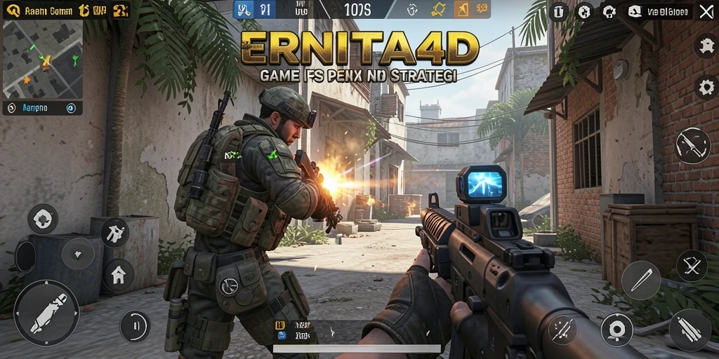 Tampilan gameplay mendebarkan di ERNITA4D dengan aksi FPS yang intens.