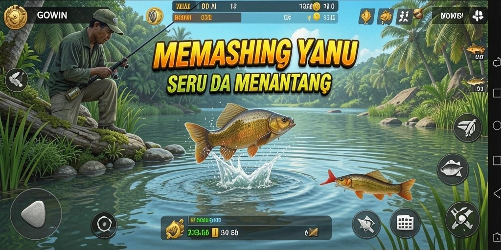 Screenshot gameplay GOWIN dengan suasana memancing yang tenang.