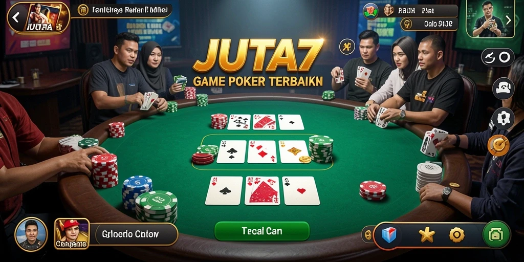 Tampilan gameplay JUTA7 yang menampilkan meja Poker dan pemain aktif.