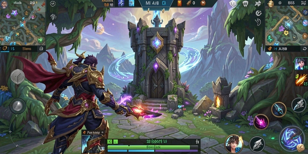 Tampilan gameplay MLBB8 dengan menara pertahanan yang megah.