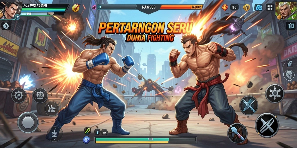 Screenshot RANS303 menampilkan aksi pertarungan seru di arena Fighting.