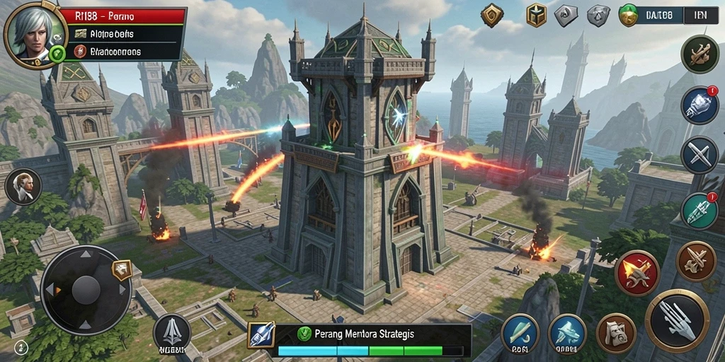 Screenshot gameplay menunjukkan pertarungan menara yang intens.