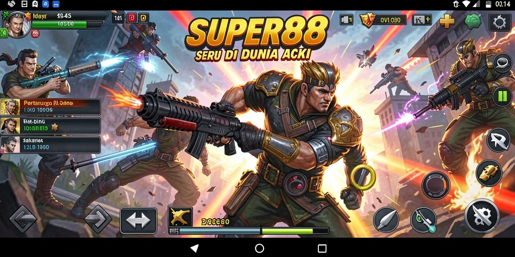 Tangkapan layar SUPER88 menunjukkan pertarungan seru dengan karakter beraksi.