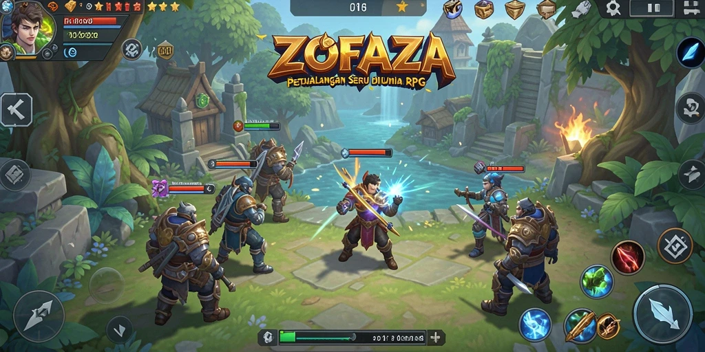 Screenshot ZOFAZA menampilkan karakter bertarung di dunia fantasy yang memesona.