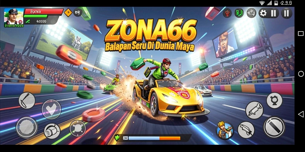 Tampilan gameplay ZONA66 yang mendebarkan dan penuh aksi balapan.